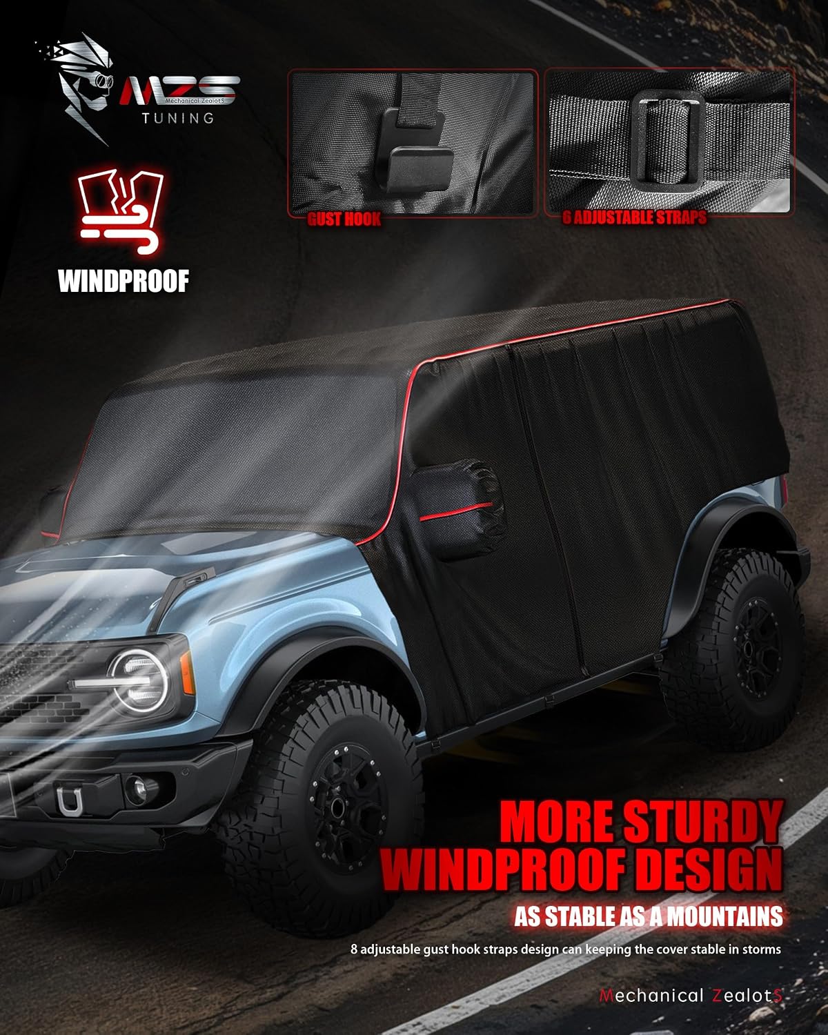 MZS Cab Cover Compatible with Bronco 4 Door 2021-2026, 600D Waterproof Bronco Cover with Driver Door Zipper 8 Gust Hook Car Half Cover Windproof Sun Snow Rain Scratch Protection