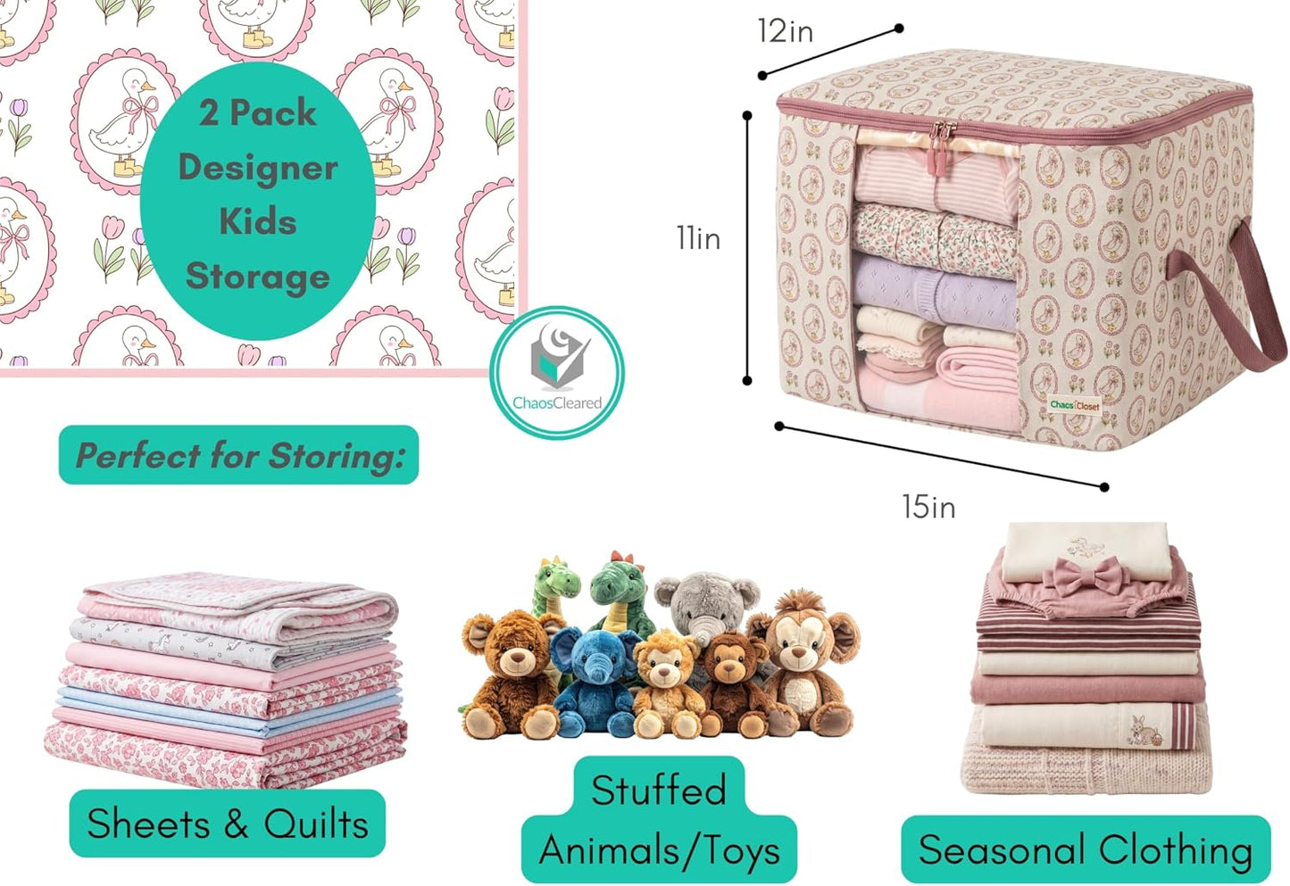 Chaos Cleared Kids Storage Bags – 100% Cotton Canvas Toy & Clothes Organizer with Cute Design – Storage Bin for Stuffed Animals, Baby Items & Clothes with Zipper & Handles (Pink Duck Print)