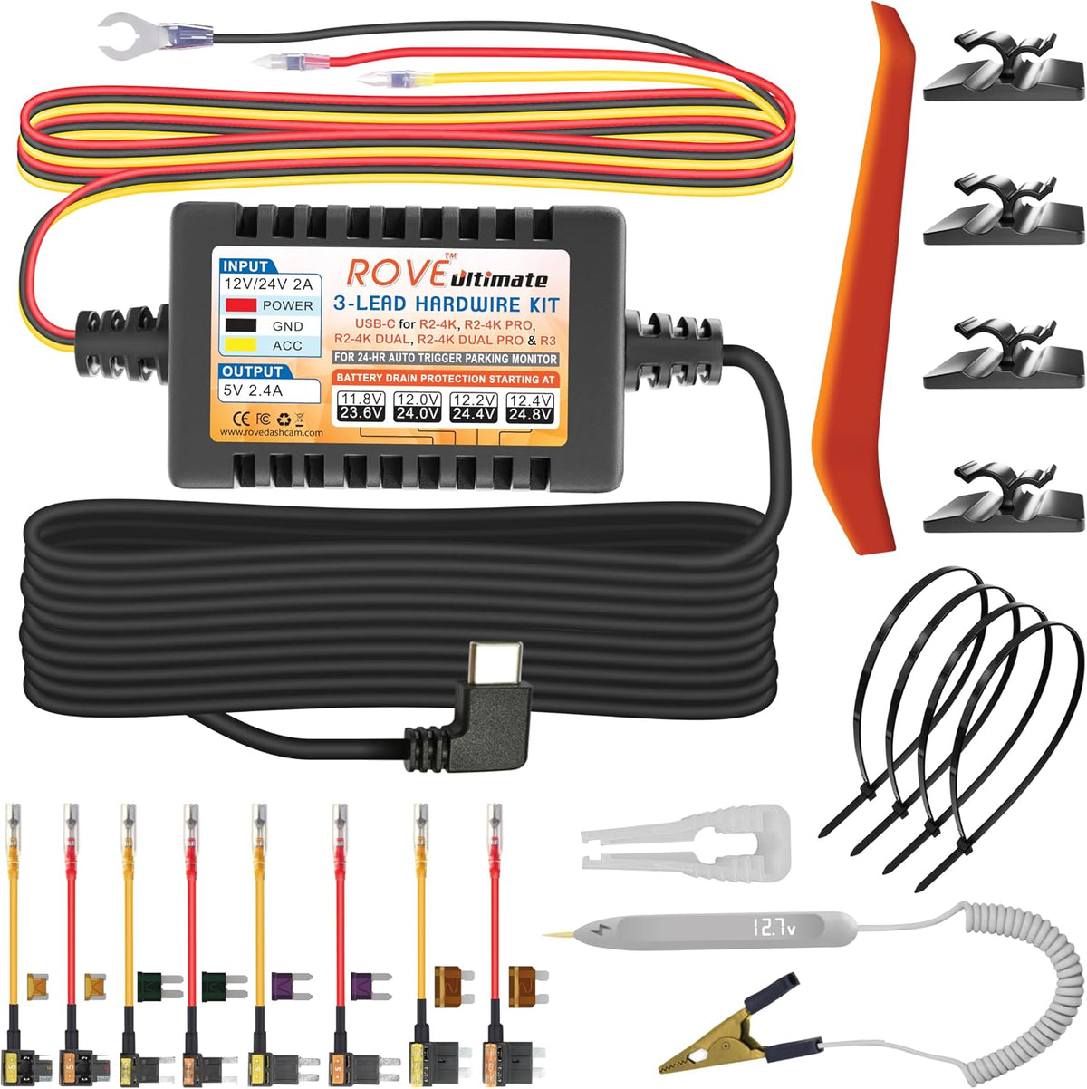 ROVE Ultimate Dash Cam Hardwire Kit, USB-C Port, 24Hr Parking Monitoring