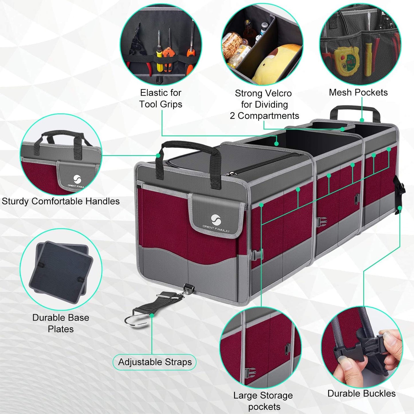 Trunk Organizer with Cooler, Collapsible Trunk Storage Container with Non Slip Bottom Strips, Large Multi-Compartment Waterproof Car Trunk Organizer Groceries for Vehicle Sedan, SUV, Van(Wine Red)