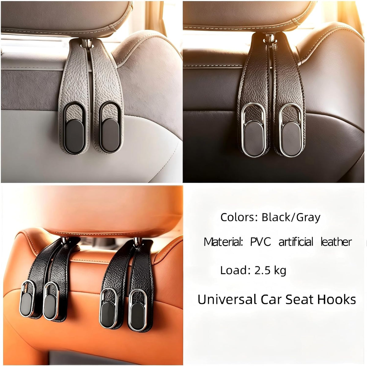 2 Pack Car Seat Headrest Hooks, Gray