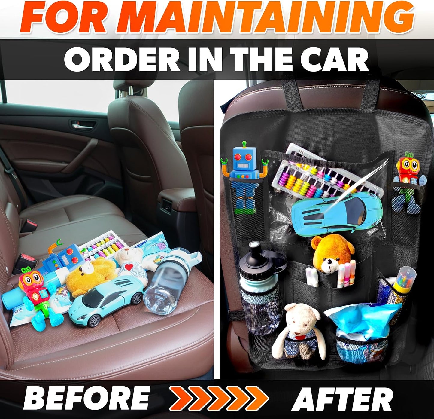 2 Pcs Backseat Car Organizer - Travel-Ready 23.4x16" Back Seat Car Organizer with 9 Large Pockets and Clear Tablet Holder, Made from Polyester with Adjustable Straps - Easy to Attach and Clean