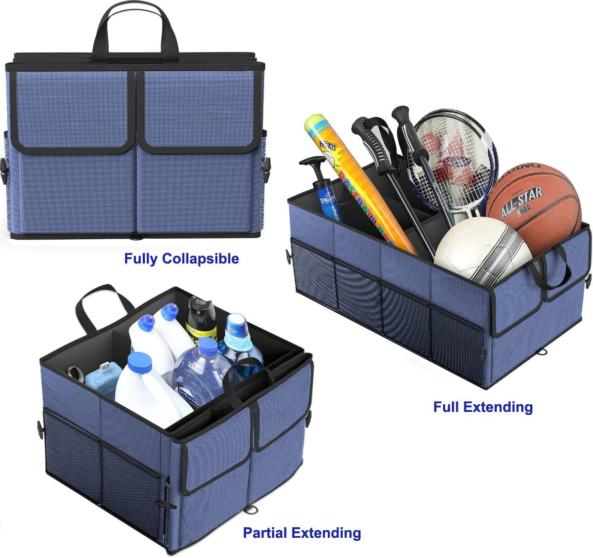 EPAuto Foldable Car Trunk Organizer for SUV, 3-Compartment, Blue | with Removable Divider, Side Pockets and Securing Straps