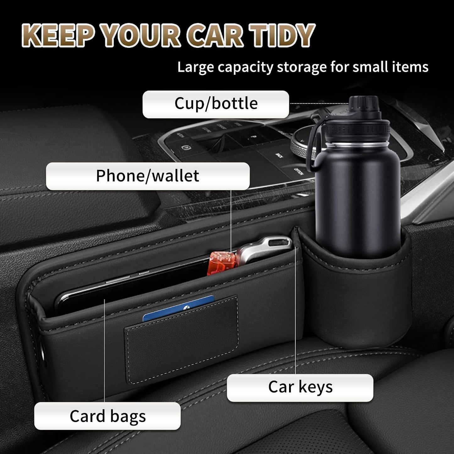 Kwak's Car Seat Gap Filler Organizer 2pcs – Fits 0.2“–1.2” Seat Gaps, Premium PU Leather Seat Gap Plug for Car SUV Truck, Stops Phone/Keys from Dropping, Extra Cup Holder for Car (Black)