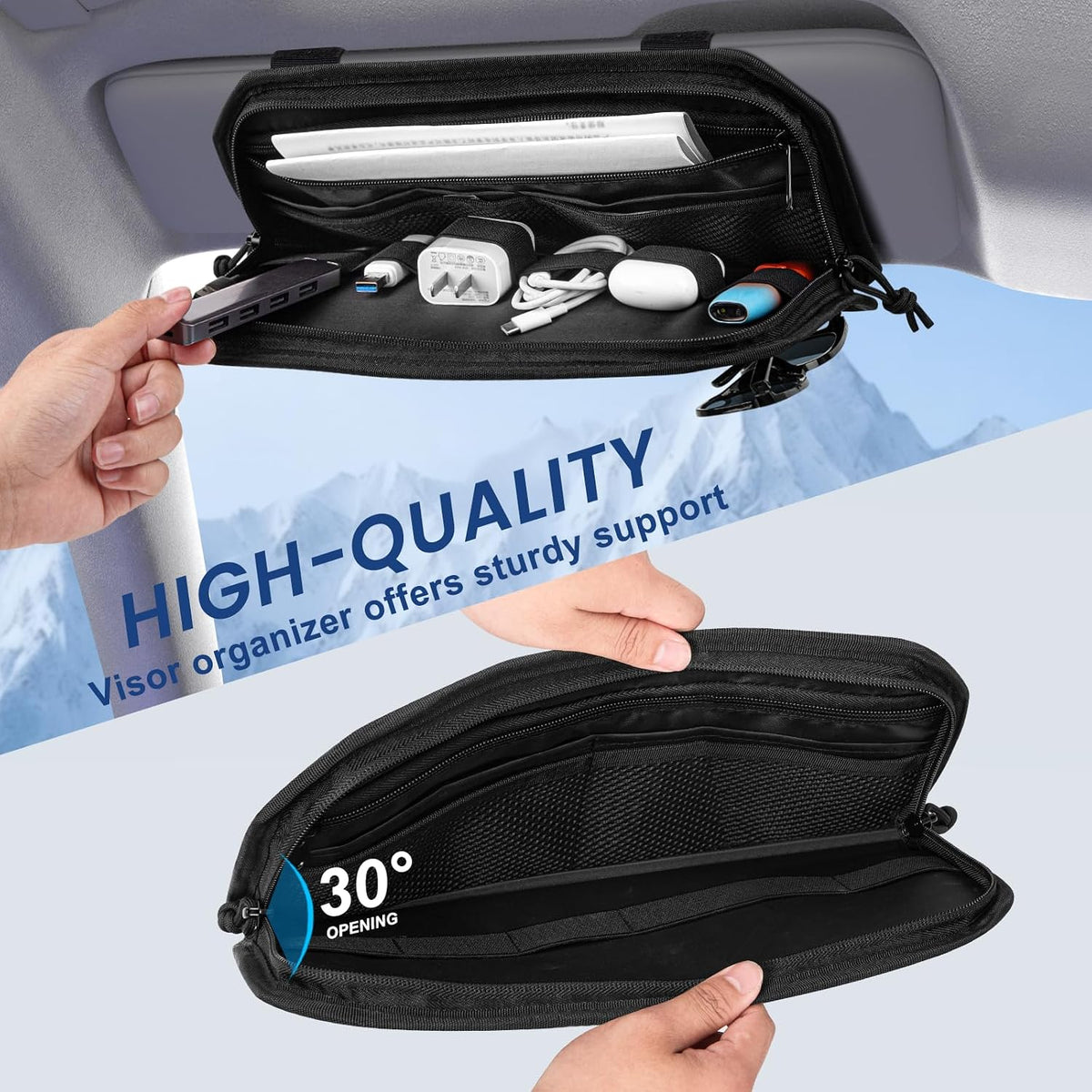 Car Sun Visor Organizer, Multi-Pocket Tactical Visor Storage with Zipper