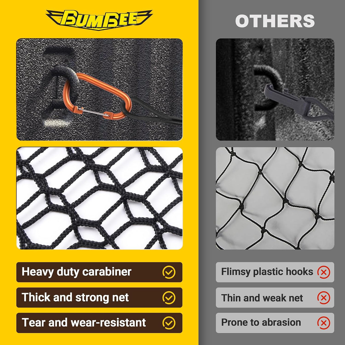 BUMBEE Envelope Style Trunk Cargo Net Compatible with Chevy Silverado 2013-2024 Accessories, Heavy Duty Carabiners Highly Elastic Truck Bed Mesh Cargo Net(16.9" X 52.56" to 66.93")