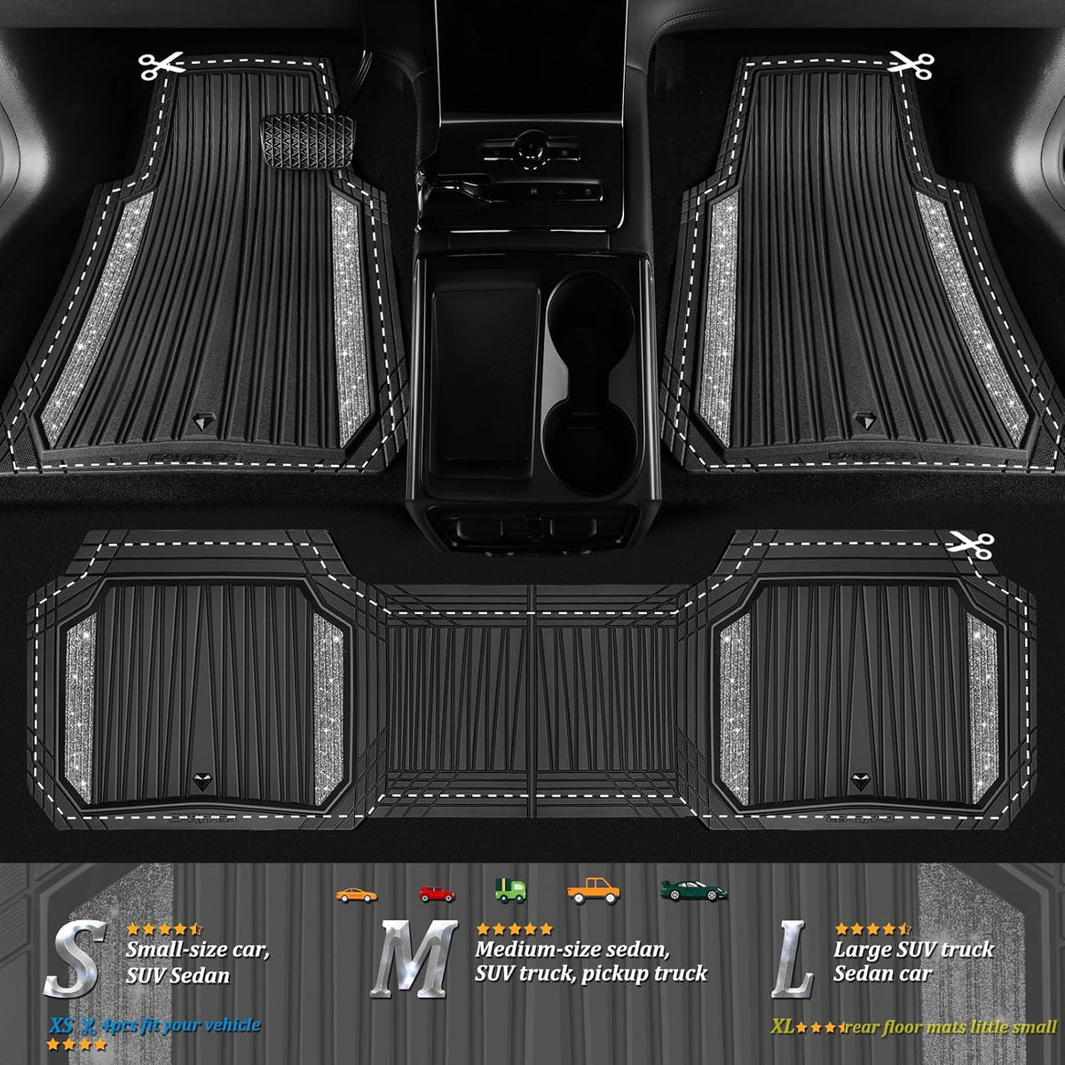 CAR PASS Bling Glitter Car Floor Mats Heavy Rubber Water Proof,Black Silver
