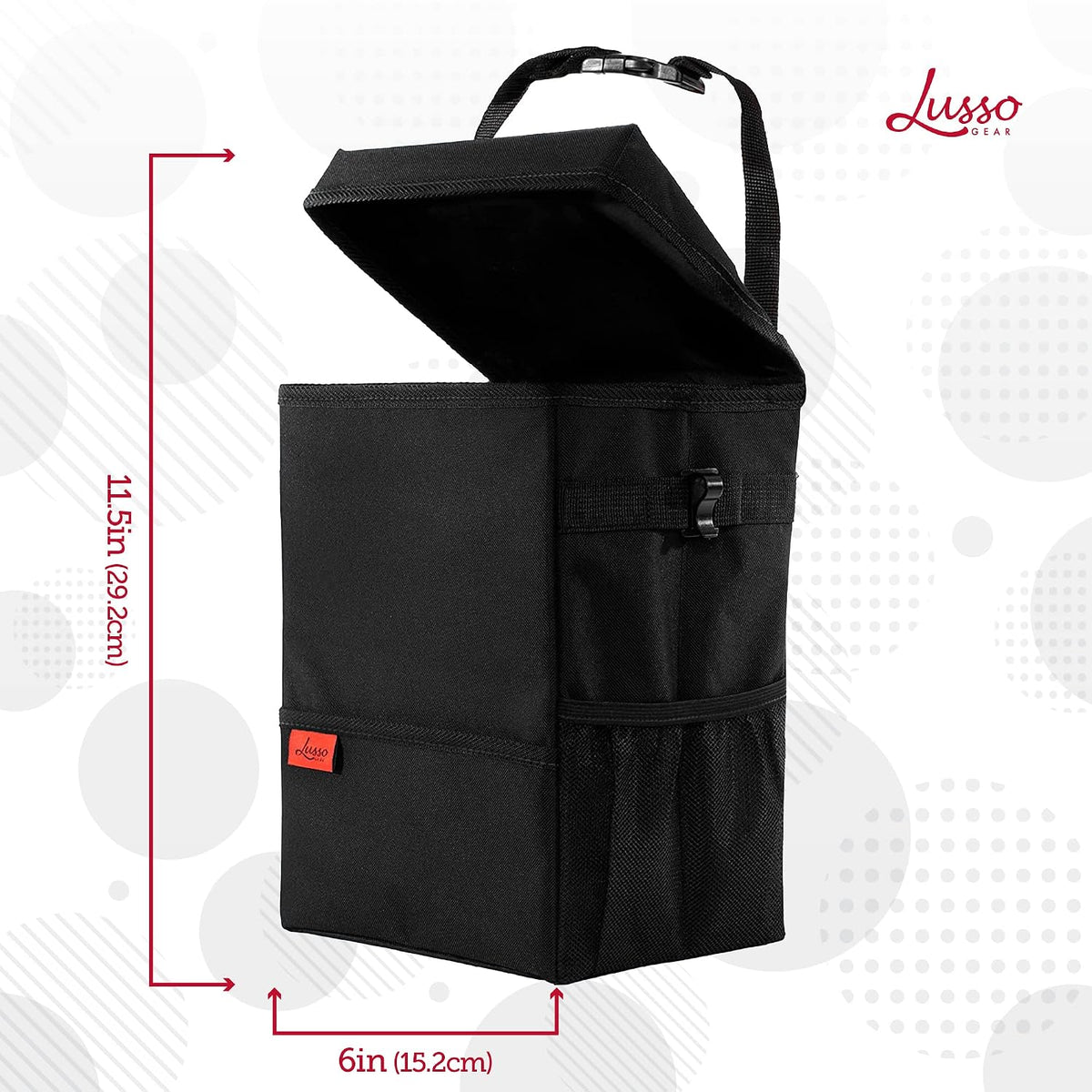 Lusso Gear Car Trash Can, 3.5 Gallon Capacity, Black Color, Manual-Lift Opening Mechanism