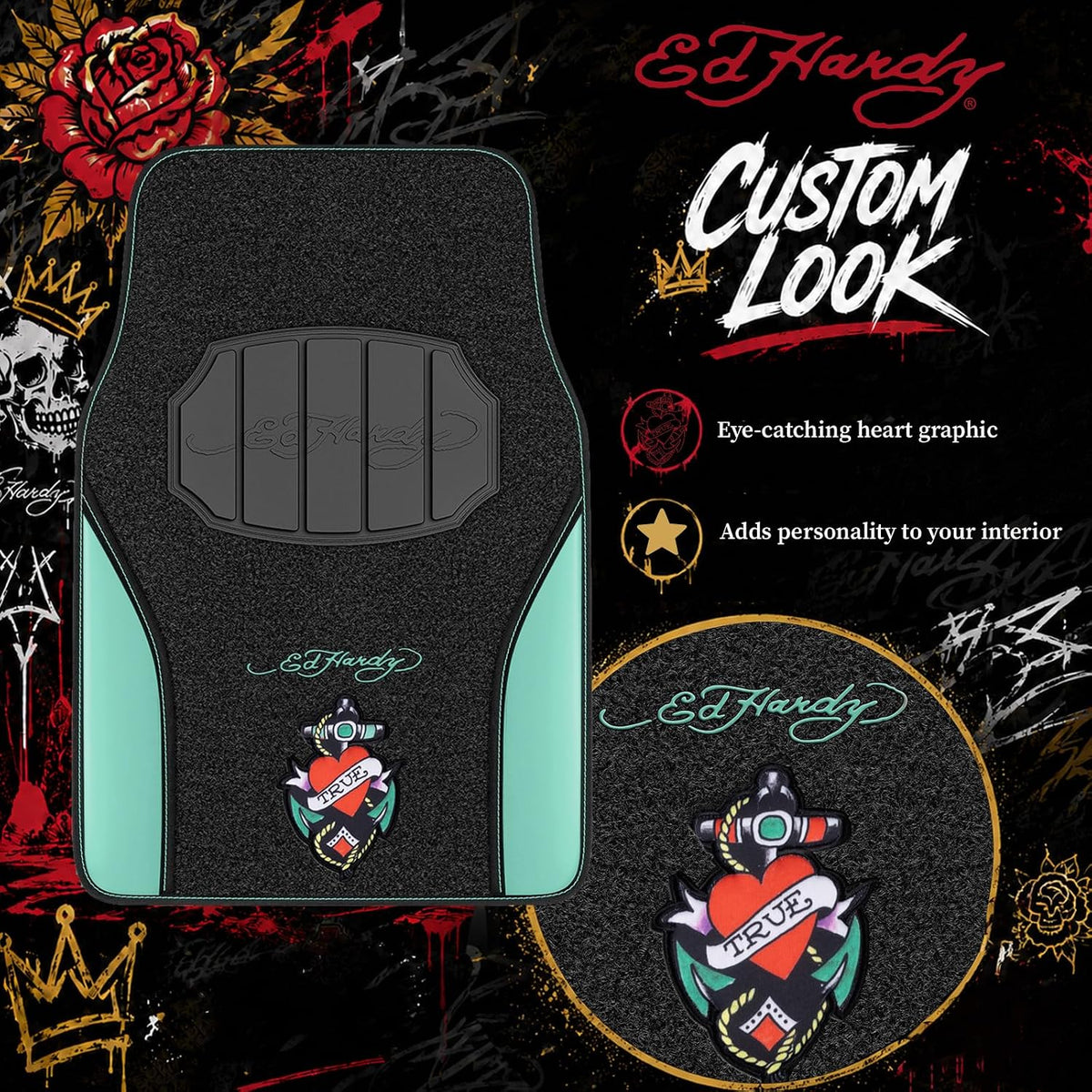 ED HARDY Heart Print Car Floor Mats, Carpet Floor Mats with Mint Leather Design, Automotive Car Mats with Built-in Heel Pad & Anti-Slip Backing, Fits Most Cars, SUVs & Trucks, Durable & Odorless