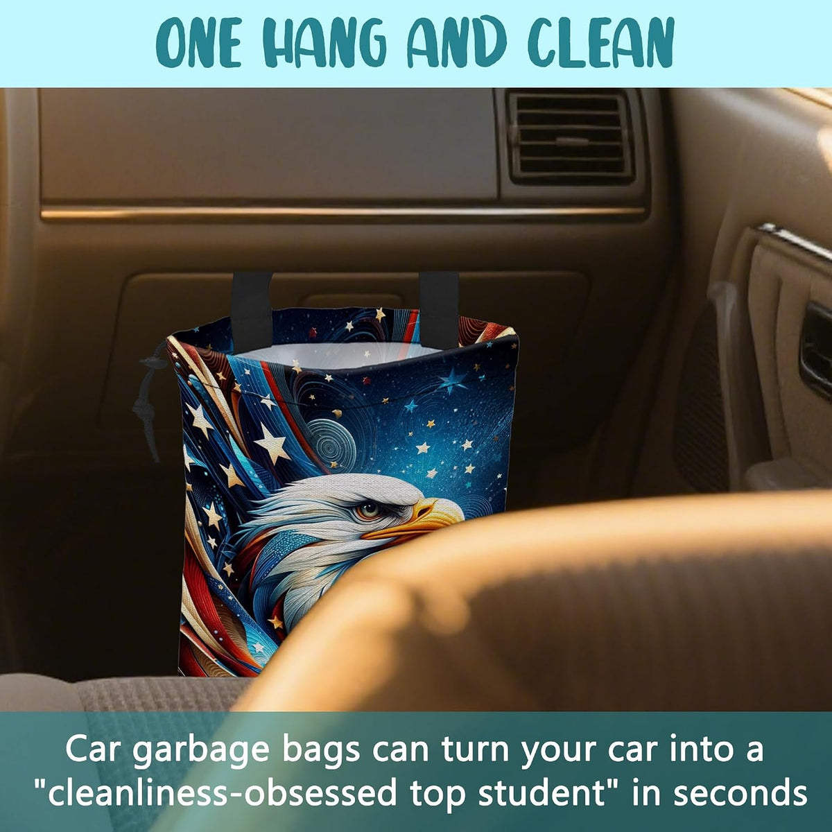 Car Garbage Bag American Flag and Bald Eagle Drawstring Car Trash Bag Hanging for Back Seat with Adjustable Buckle Canvas Vehicle Trash Can Easy-to-Install