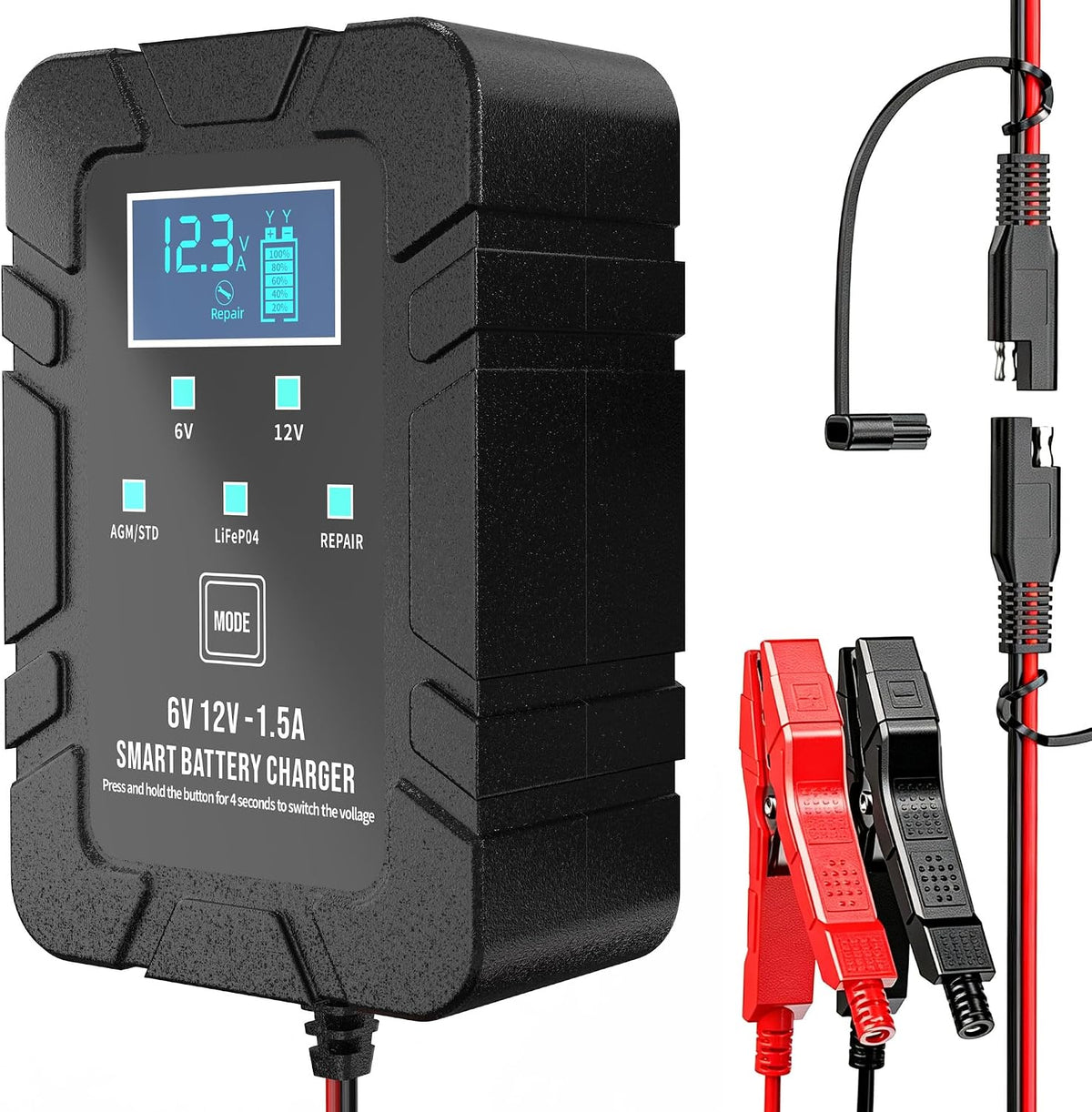 6V 12V Smart Battery Repair Charger, Automatic Desulfator with Led Display