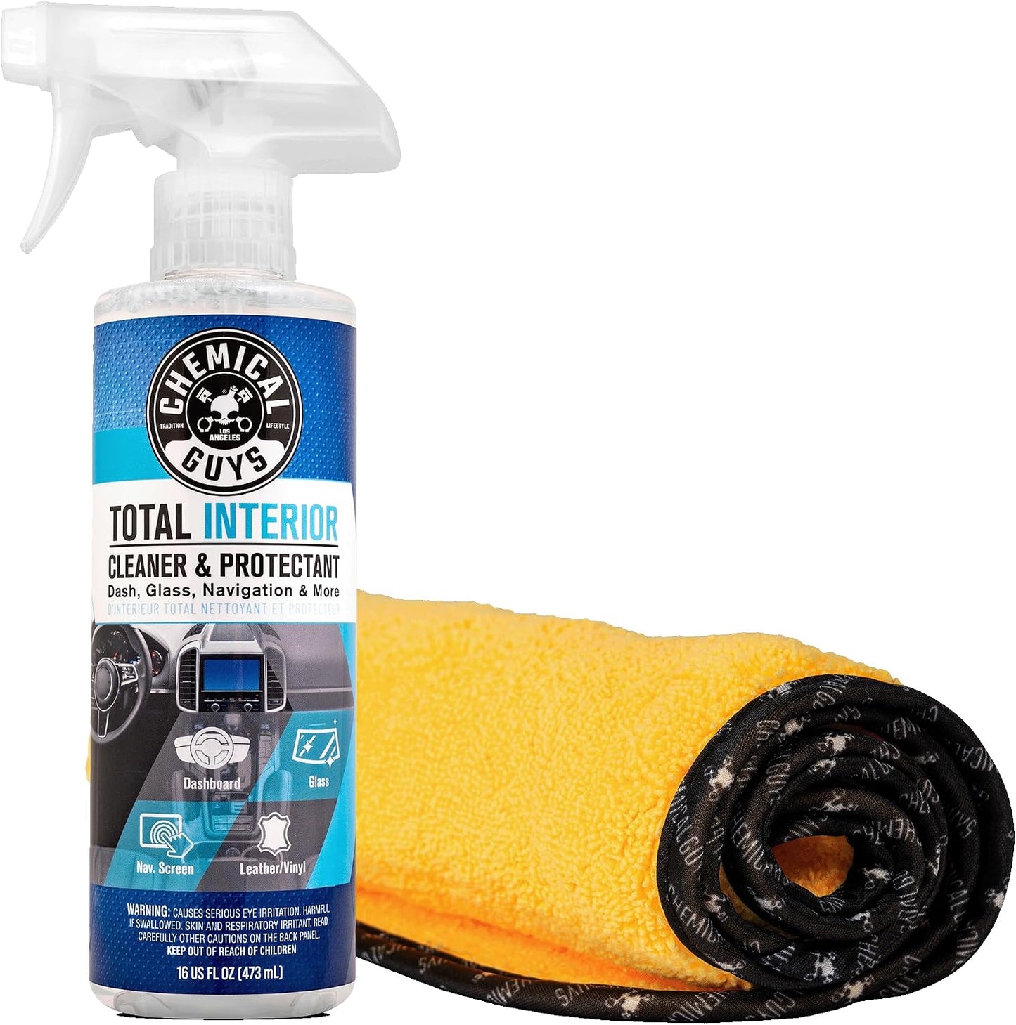 Chemical Guys Total Interior Cleaner & Protectant 16 oz with Professional Grade Microfiber Towel - Car Interior Cleaning Kit for Dash, Seats, Carpet, Glass, Vinyl, Leather, and Plastic