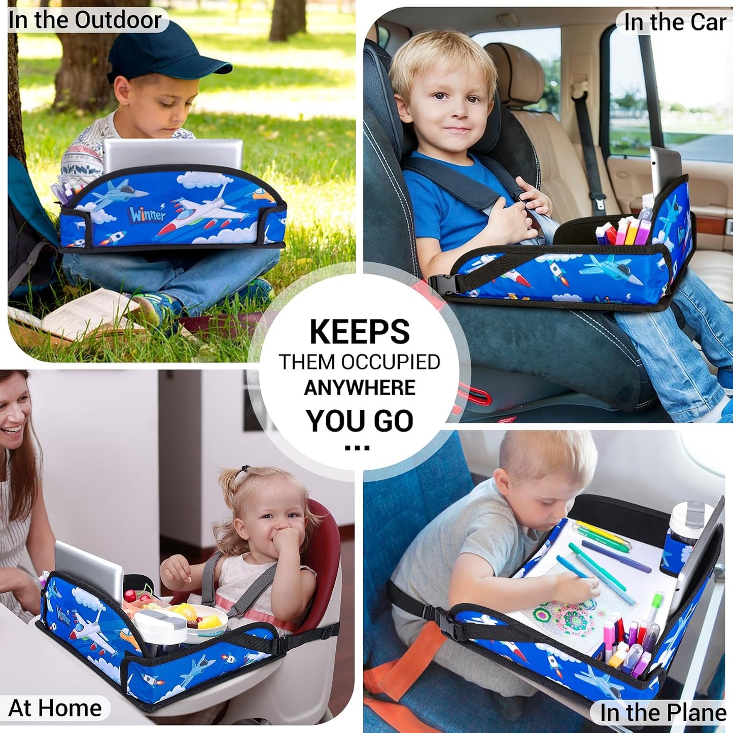 COOLBEBE Kids Travel Tray for Toddler Car Seat, Travel Tray for Airplane, Toddler Car Seat Lap Tray, Carseat Table Tray for Kids Travel Activities (Blue Plane)