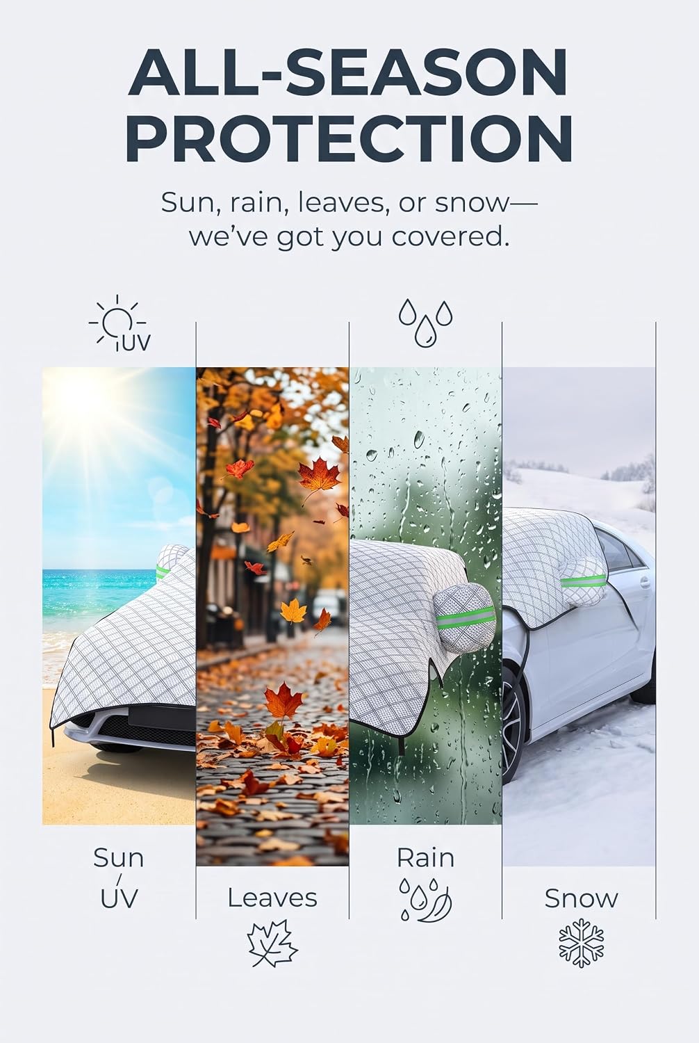 Half Car Cover, Water Resistant All Weather Heavy Duty Hood Windshield Guard, UV Protection Ice Snow Frost Shield, Universal Outdoor Car Covers for Sedan SUV Light Truck Silver