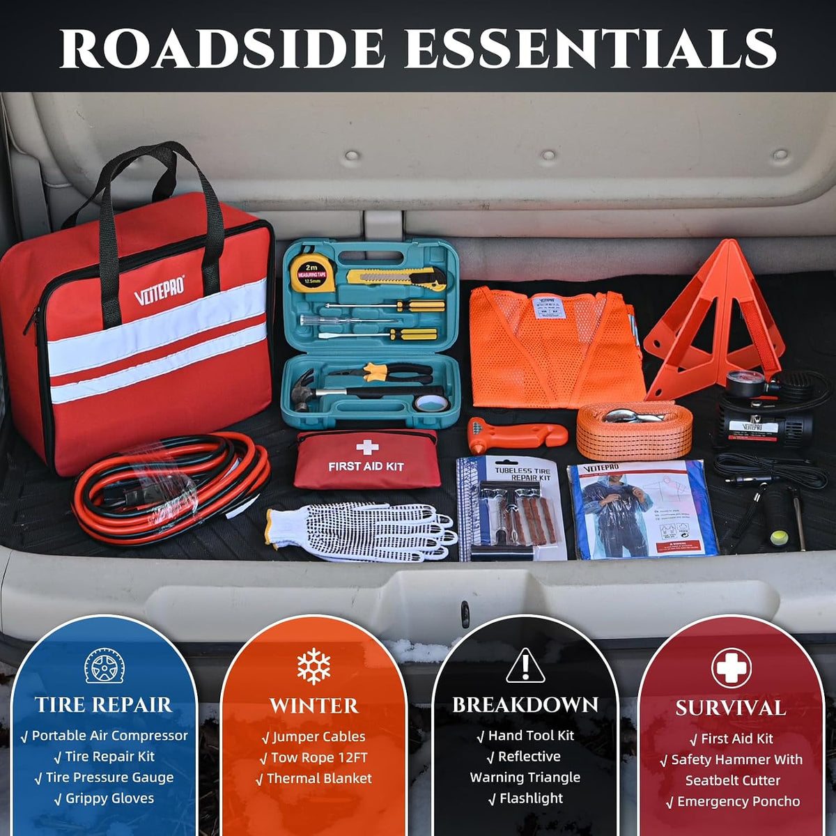 Roadside Emergency Car Kit for Vehicles, Car Emergency Kit with Jumper Cables, Air Compressor, First Aid Kit, Car Safety Tool Kits, Road Trip Assistance for Men, Women, New Driver Gifts