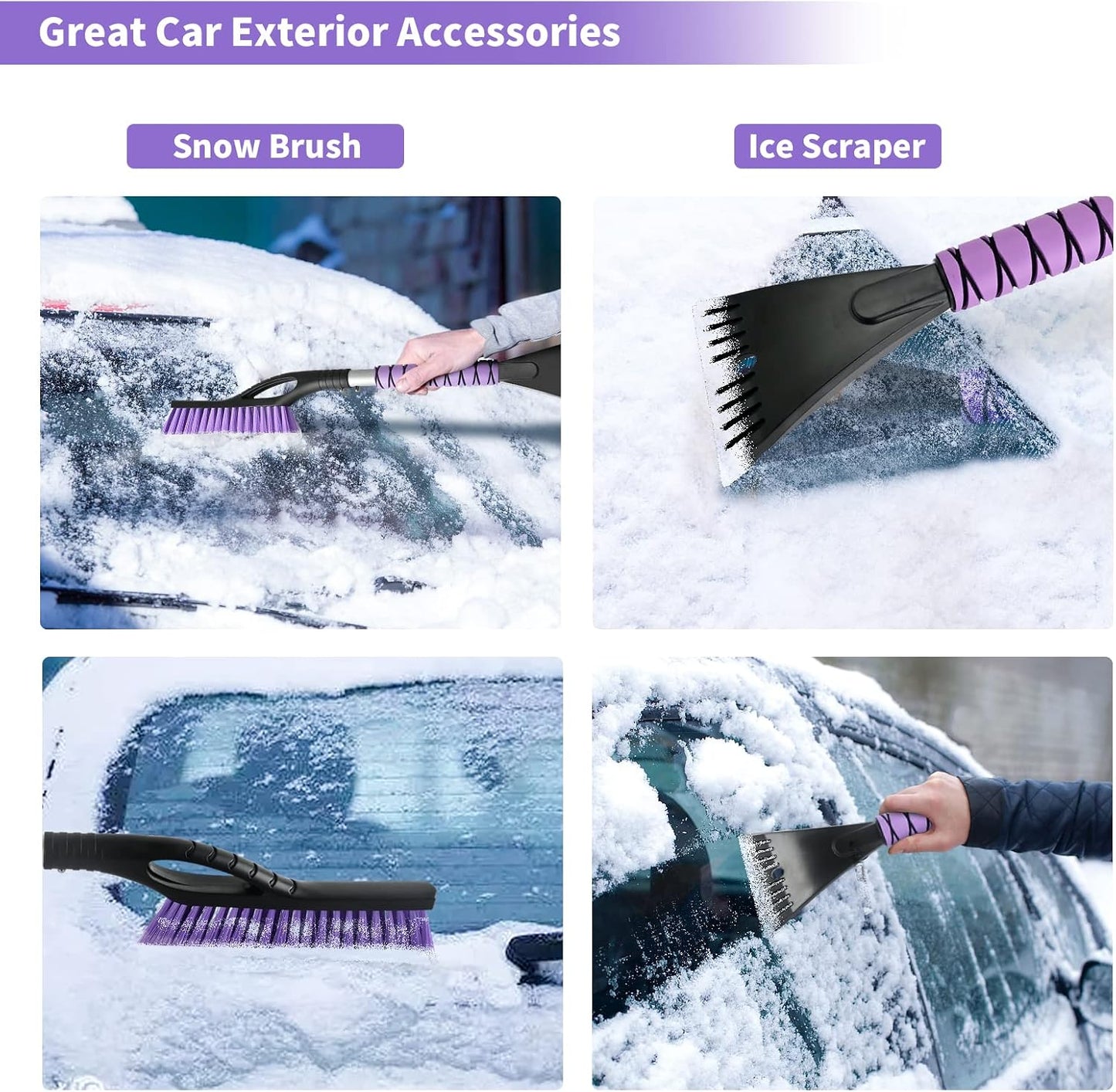 OUSHASAA 2 Pack 27" Snow Brush and Ice Scraper for Car Windshield - Purple | Soft Non-Scratch Bristles, Non-Slip Foam Grip, Detachable Design, Car Snow Removal Tool for Windshields & Windows