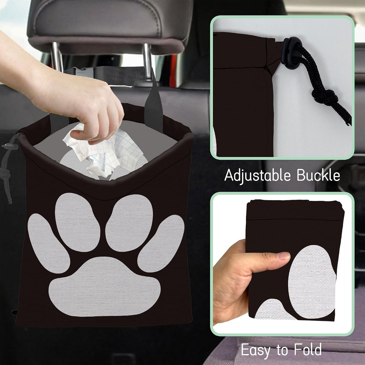 Dog Paw Car Trash Bag,Hanging Drawstring Car Garbage Bag,Waterproof Canvas Car Back Seat Organizer with Adjustable Buckle,for Vehicles,SUVs,Camping,Road Trips