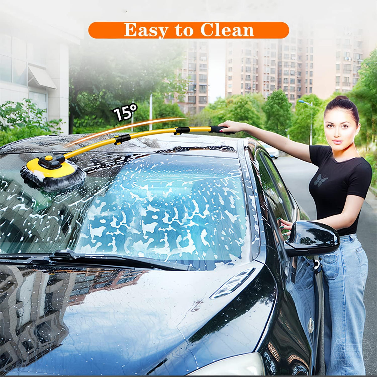 Mveqrrn15°Curved Chenille Car Wash Brush, Extendable Long Handle Mop-Yellow