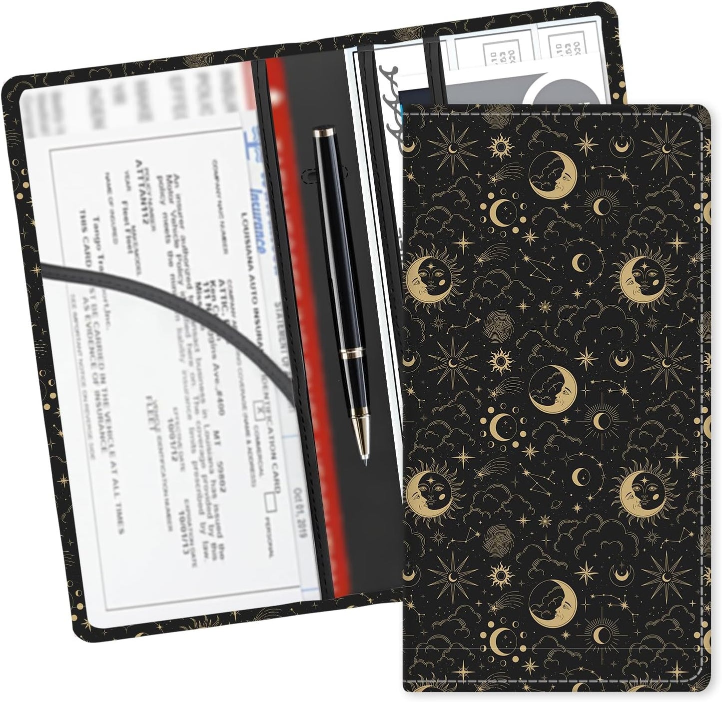 Leather Car Registration and Insurance Card Holder, Cute Car Accessories Vehicle Glove Box Car Organizer for Documents, Cards, License Cute Boho Sun Moon