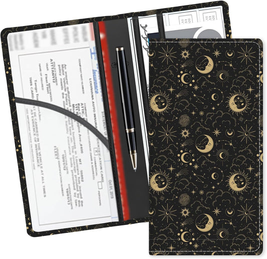 Leather Car Registration and Insurance Card Holder, Cute Car Accessories Vehicle Glove Box Car Organizer for Documents, Cards, License Cute Boho Sun Moon