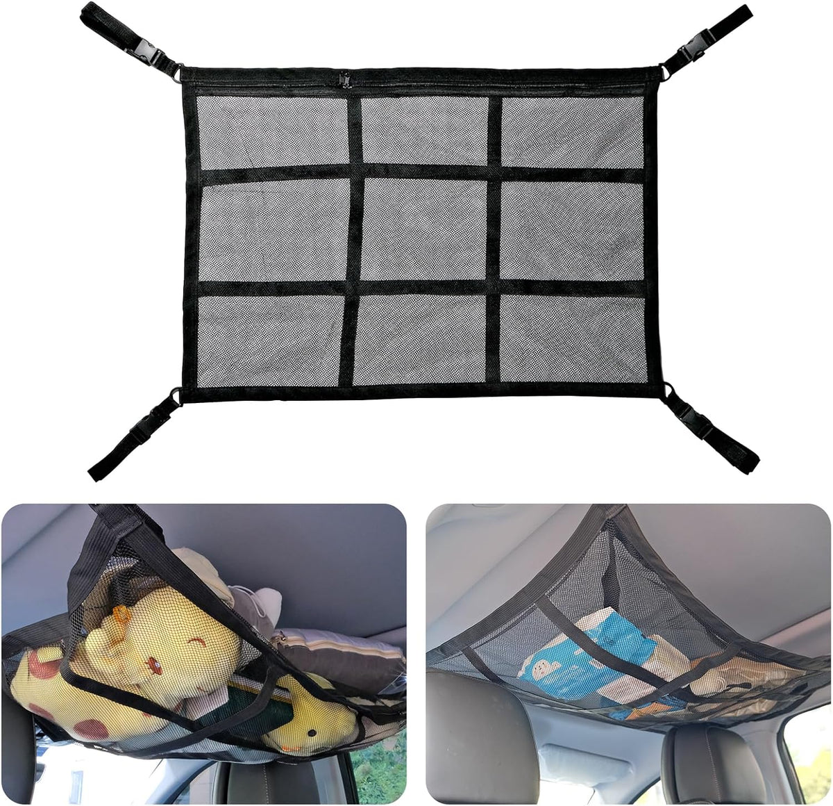 Car Ceiling Cargo Net Pocket, 31"x21" Nine Grid Mesh Nine SUV Roof Organizer Long Trip Storage Bag,Tent Putting Quilt Children's Toy Towel Sundries Interior Accessories