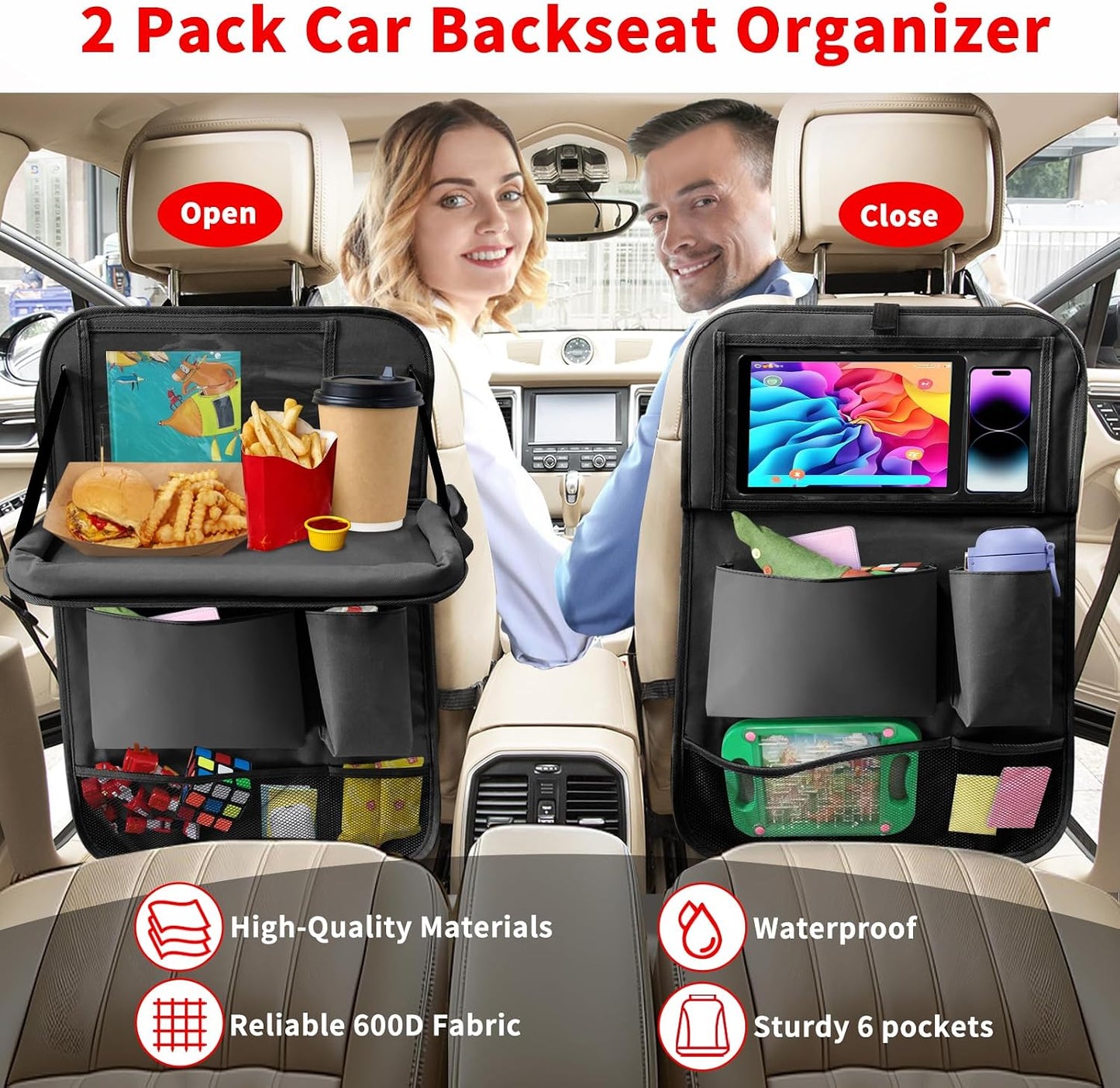 Car Backseat Organizer with Tablet Holder, 6 Storage Pockets Foldable Table Tray Seat Back Protectors Kick Mats Travel Accessories, 2 Pack Black