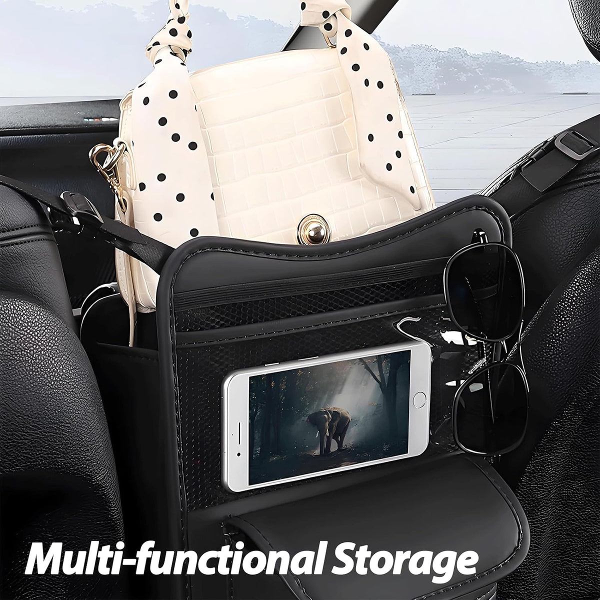 Car Organizer Storage Between Seats, Premium Leather Car Storage Bag Pocket Handbags Purse Holder with Tissue Box, Touch Screen Phone Holder, Console Front Seat Storage Barrier (Black)