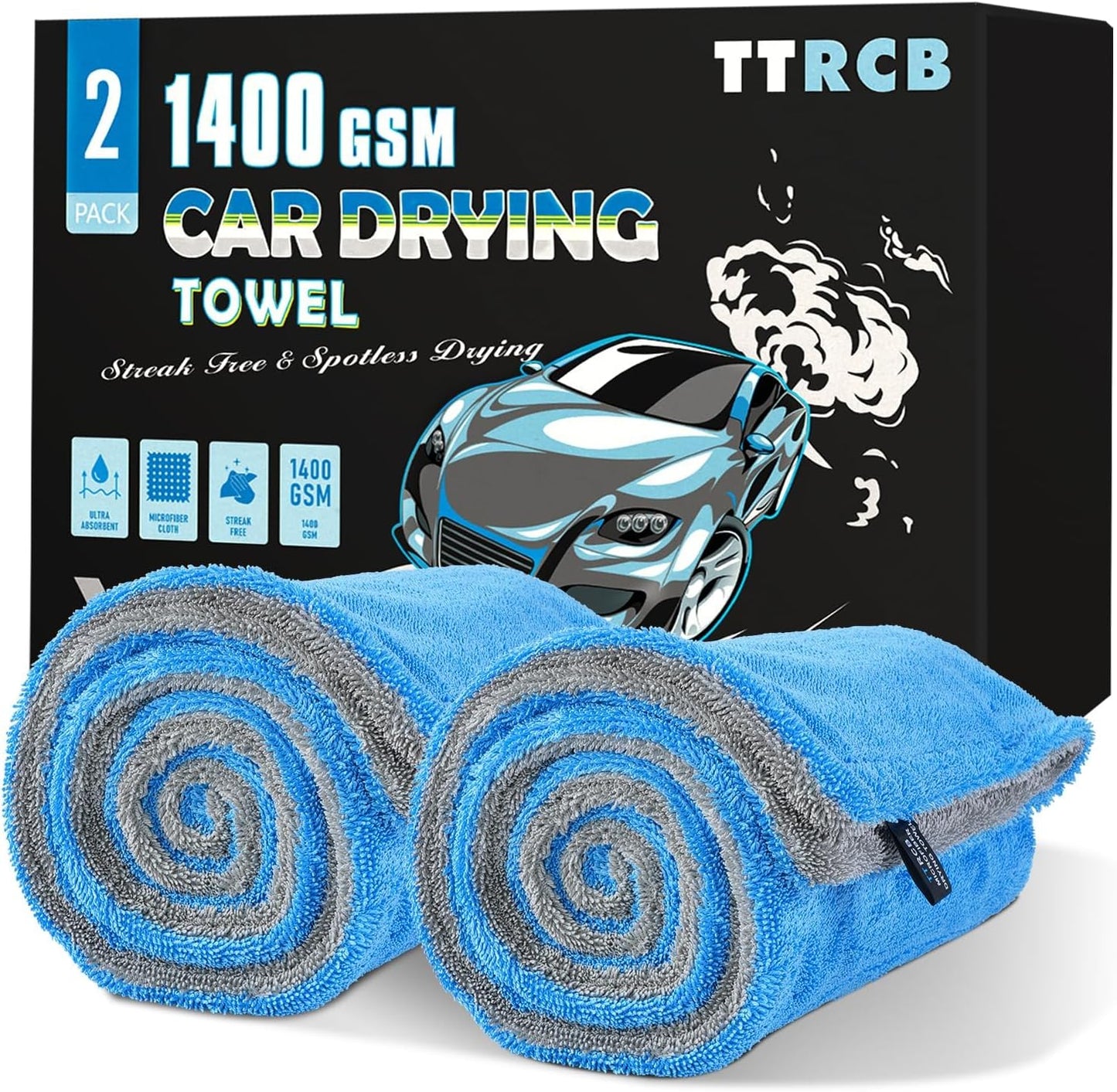 TTRCB 2 Pack Car Drying Towels (48" x 24"), Extra Large Microfiber Towels for Cars, 1400 GSM Ultra-Absorbent, Streak Free, Double Twisted-Loop Drying Towels Car Detailing for SUV, RV, Trucks