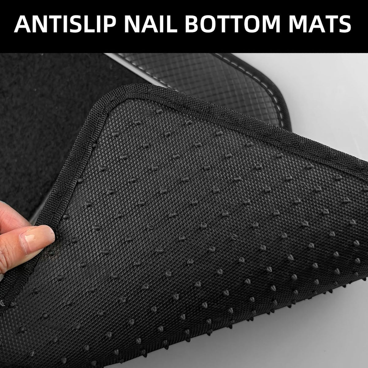 NBTEPEM Waterproof Universal Fit Car Floor Mats, Faux Leather Sporty Car Carpet Mats with Anti-Slip Nibbs Backing & Driver Heel Pad Fit for SUV, Vans, Sedans, Trucks, Set of 4 (Black with Grey line)