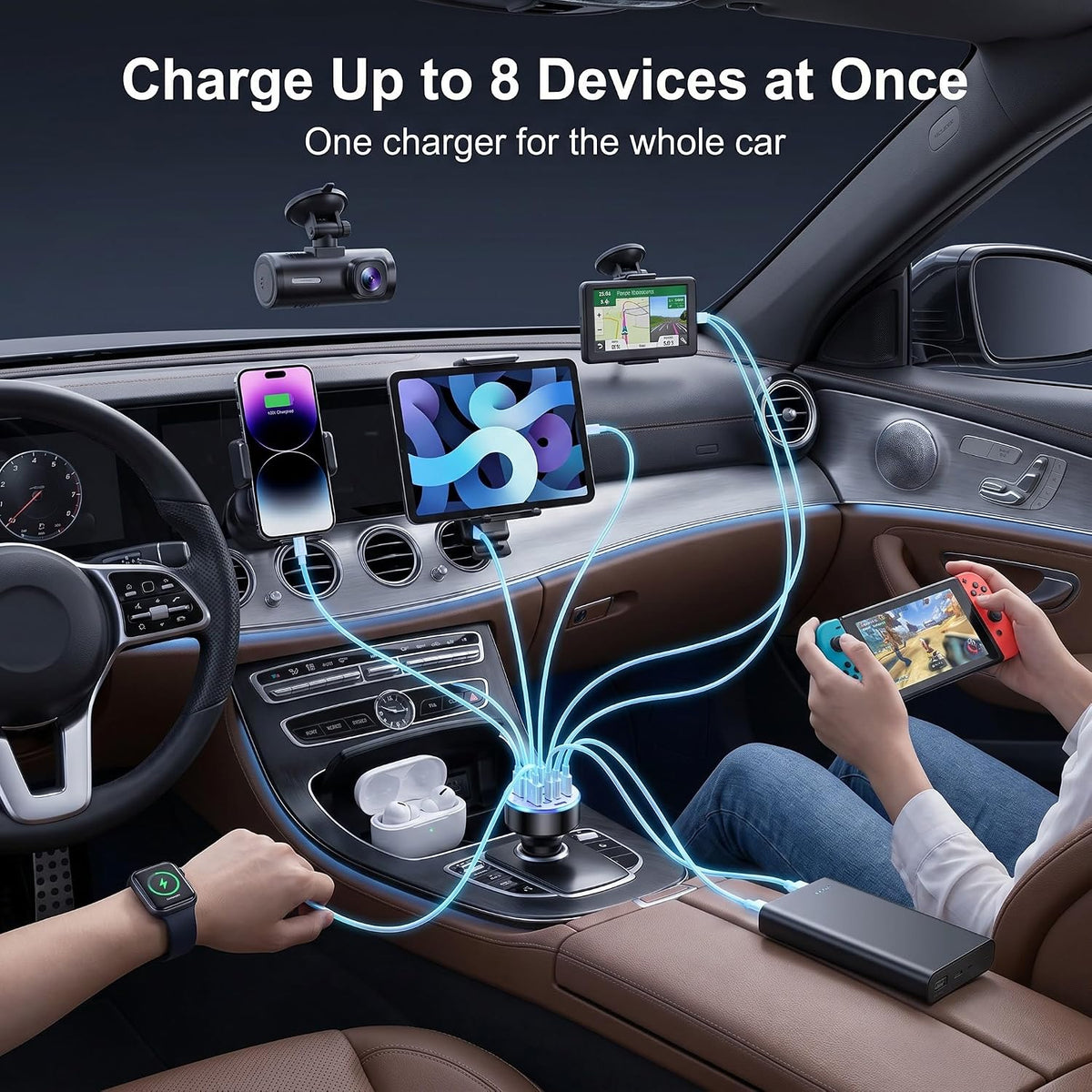 8 Port USB C Car Charger with Real-Time Voltage Display, Multi Port 12V/24V Cigarette Lighter USB C & USB A Charger Adapter, Fast Charging with Blue LED for iPhone, Samsung, iPad, Tablets