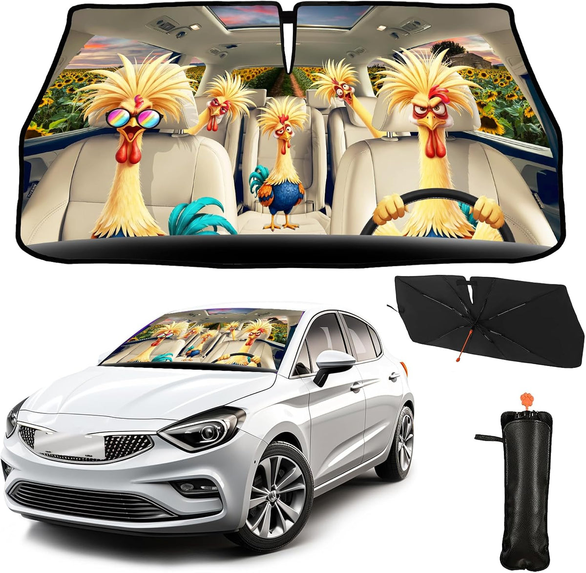 CHILL·TEK Print Rooster Windshield Sun Shade Funny Rooster Sun Shade for Car Front Window Block UV Rays Foldable Umbrella Windshield Sun Visor Protector Keep Vehicle Cool for Most Vehicles
