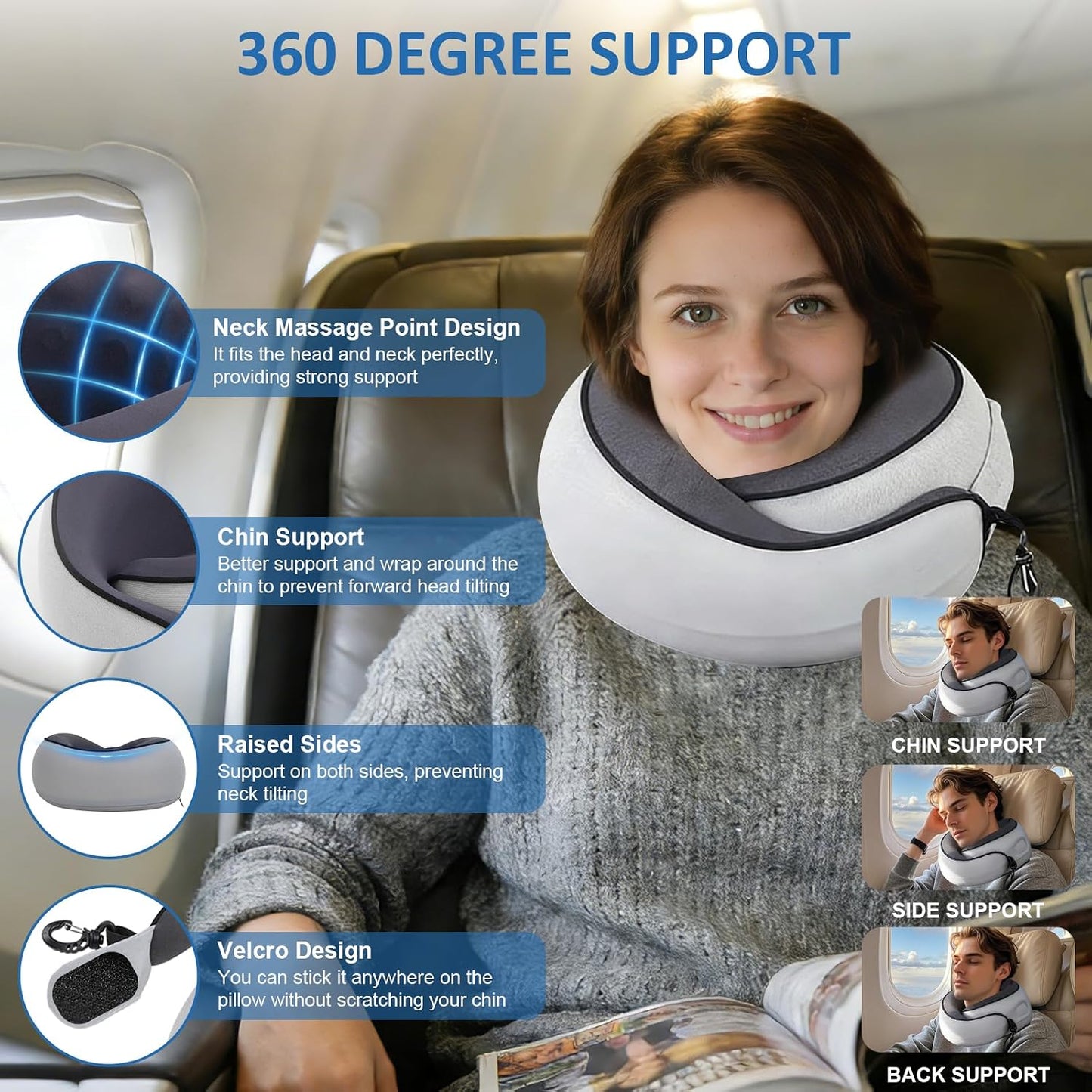 360° Full Support Compact Neck Airplane Pillow for Car, Office | Neck Pain Travel Pillow for Rest; Long Flight Kit with Contoured 3D Eye Mask, Earplugs & Portable Storage Box