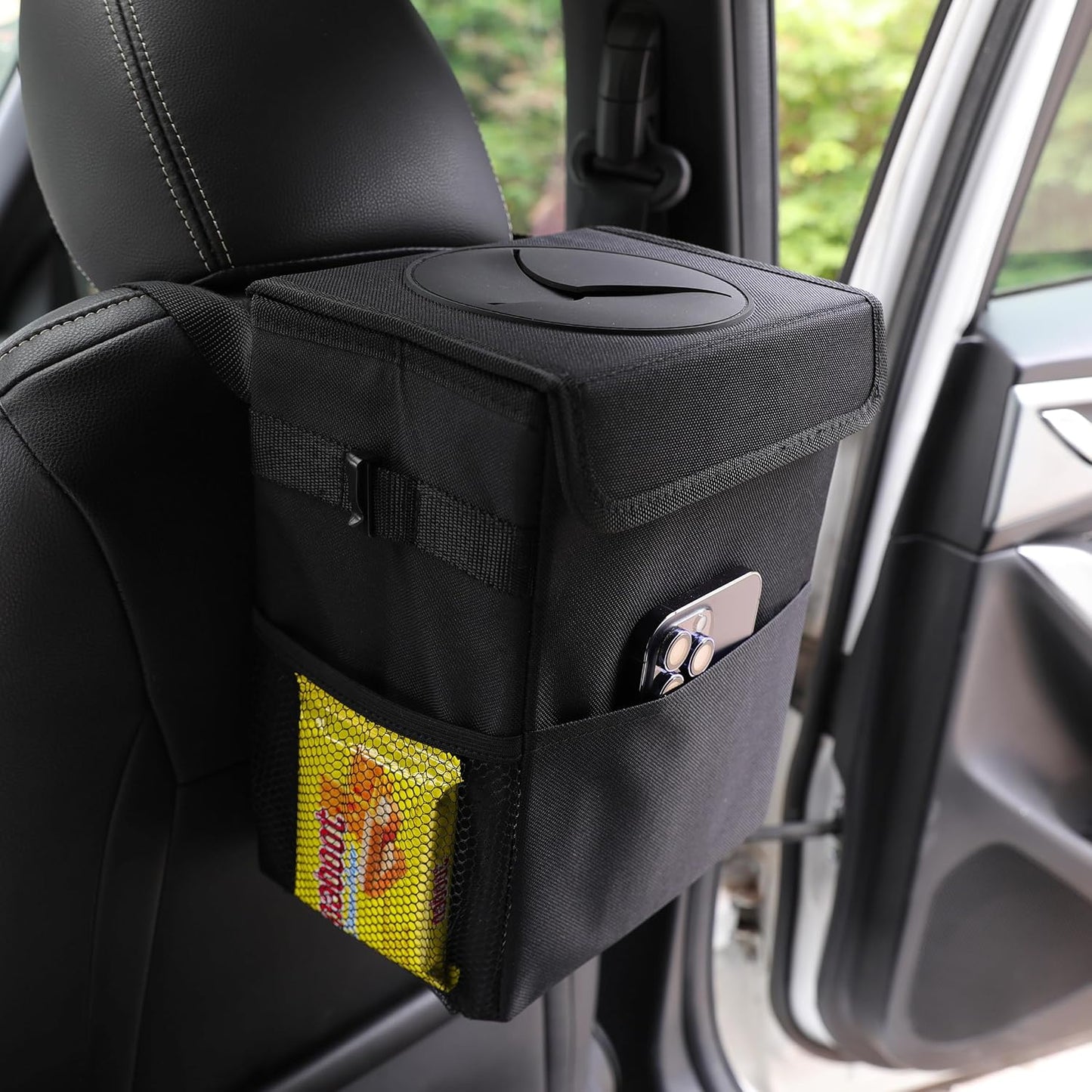 AOKJOY Car Garbage can with lid Leak Proof Vehicle Trash Can 3 Storage Pockets Hanging Waterproof car Trash Bag for SUV Black