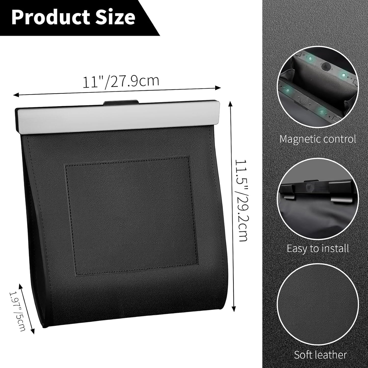 Premium Car Trash Can with Magnetic Lid, Waterproof Leakproof PU Leather Vehicle Garbage Bin, Foldable Hanging Auto Trash Bag for Seat Back Pocket, Fits Cars SUVs Trucks, Includes 2 Rolls Trash Bags