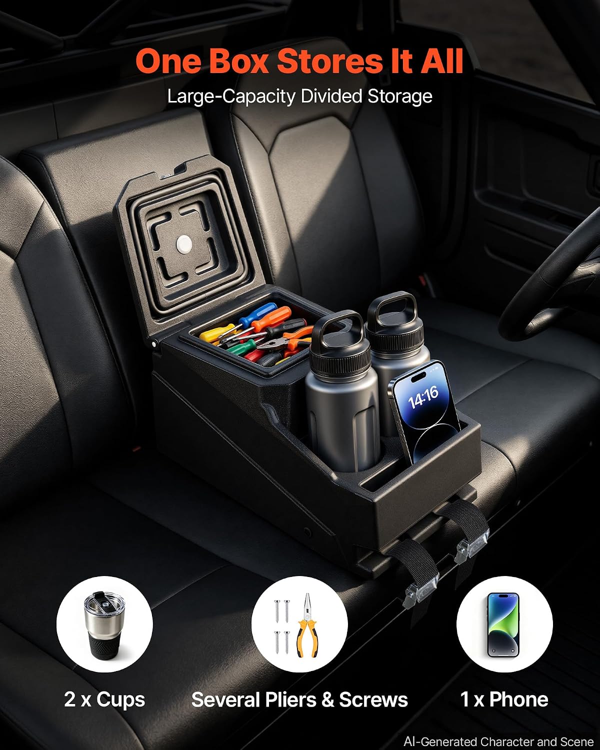 VEVOR UTV Center Console Bench Seat Box Lockable Armrest Storage Box, HDPE Central Console Tools Organizer with Cups and Phone Holder - Compatible with Polaris Ranger & 2017-2026 Can-Am Defender
