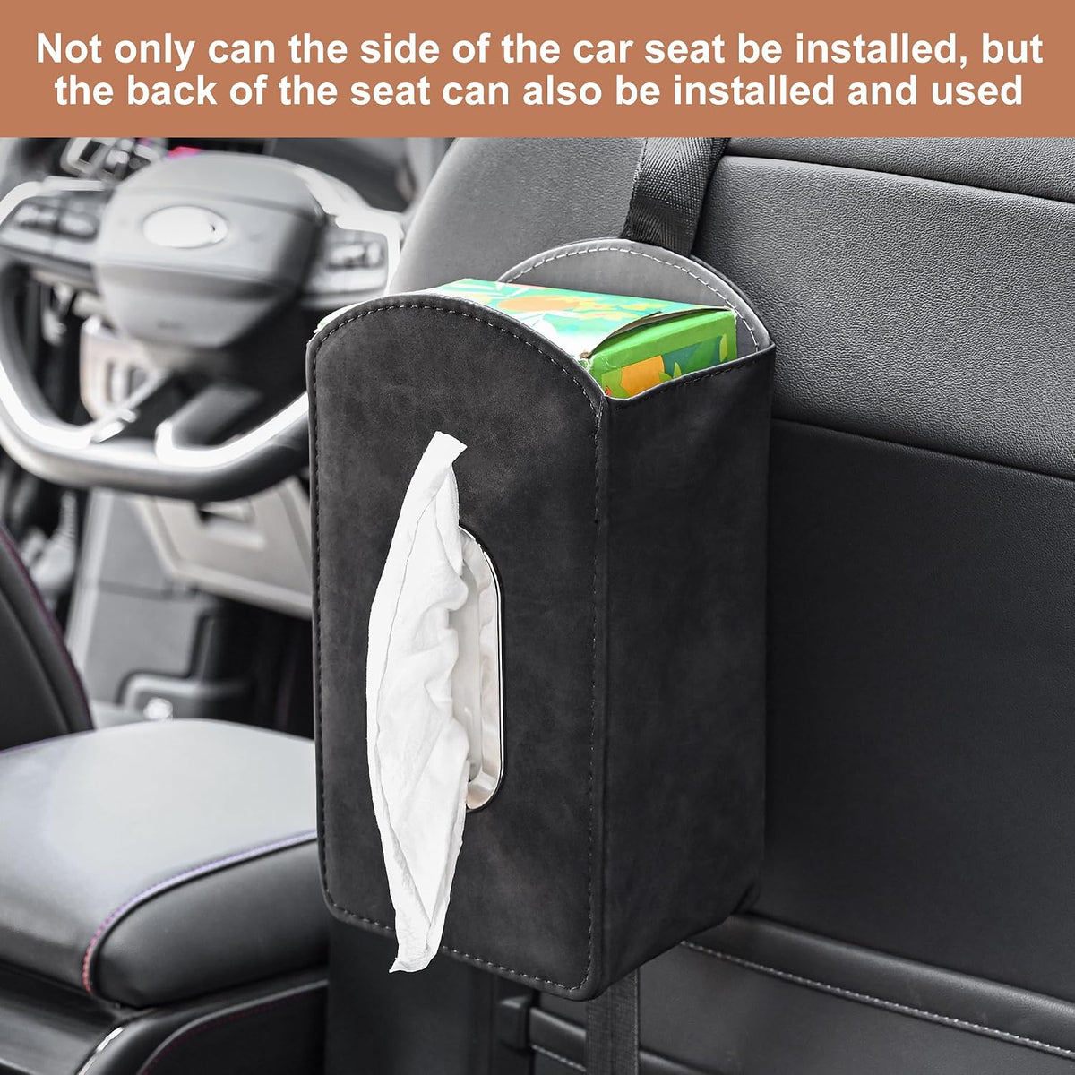 JEYODA Car Seat Organizer,Suede Leather Tissue Holder fit for Kleenex tissues, Car Seat Side Organizer for 120 Sheet Napkin, Drink, Phone, etc (Black)