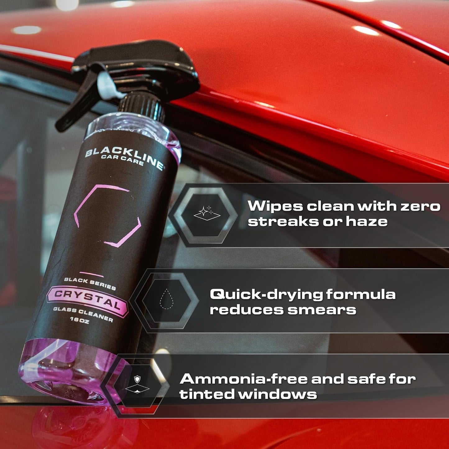 Blackline Glass Cleaner - Works on Glass, Windows, Mirrors & Navigation Screens. Tint Safe Car Window Cleaner - 16 fl oz bottle, Streak Free Spray