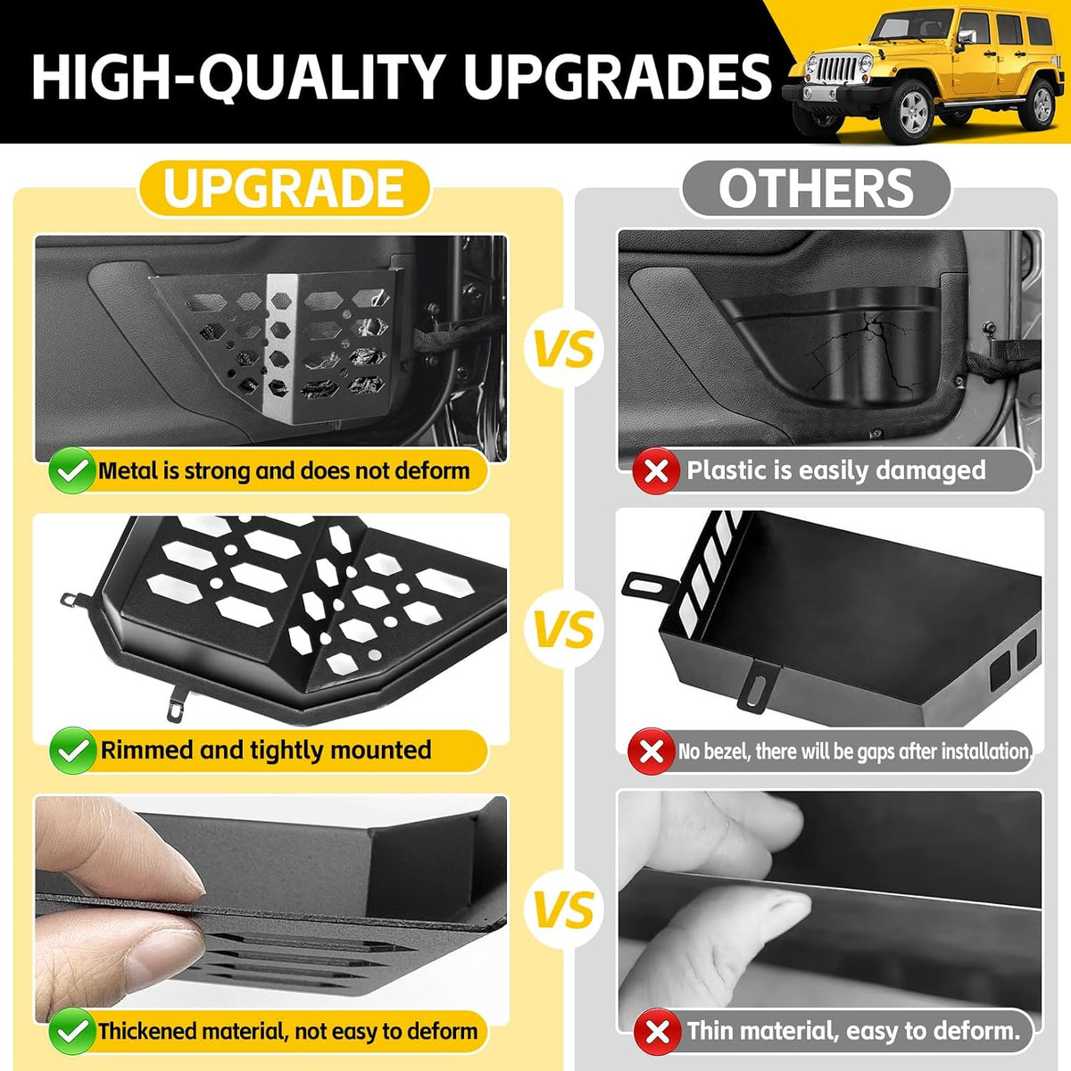 Metal Front & Rear Door Storage Box Pockets for 2007-2018 Jeep Wrangler JK JKU Sturdy Door Side Insert Molle Panels Organizer Only for 07-18 Wrangler JK JKU 4 Door Interior Accessories 4PCS