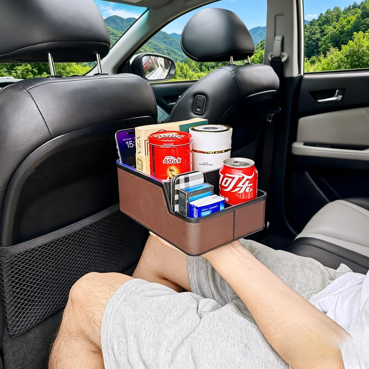 Car Seat Organizer with Compartments,Small Caddy for Car Brown