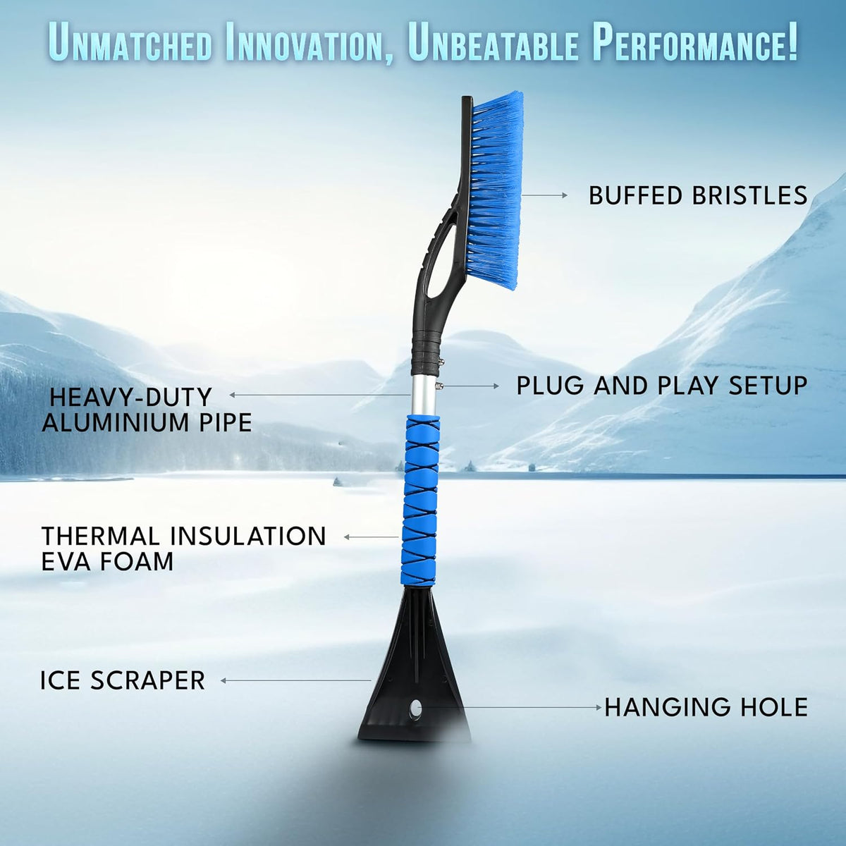 EcoNour 27" Snow Brush with Ice Scraper for Car Windshield (2 Pack) Blue