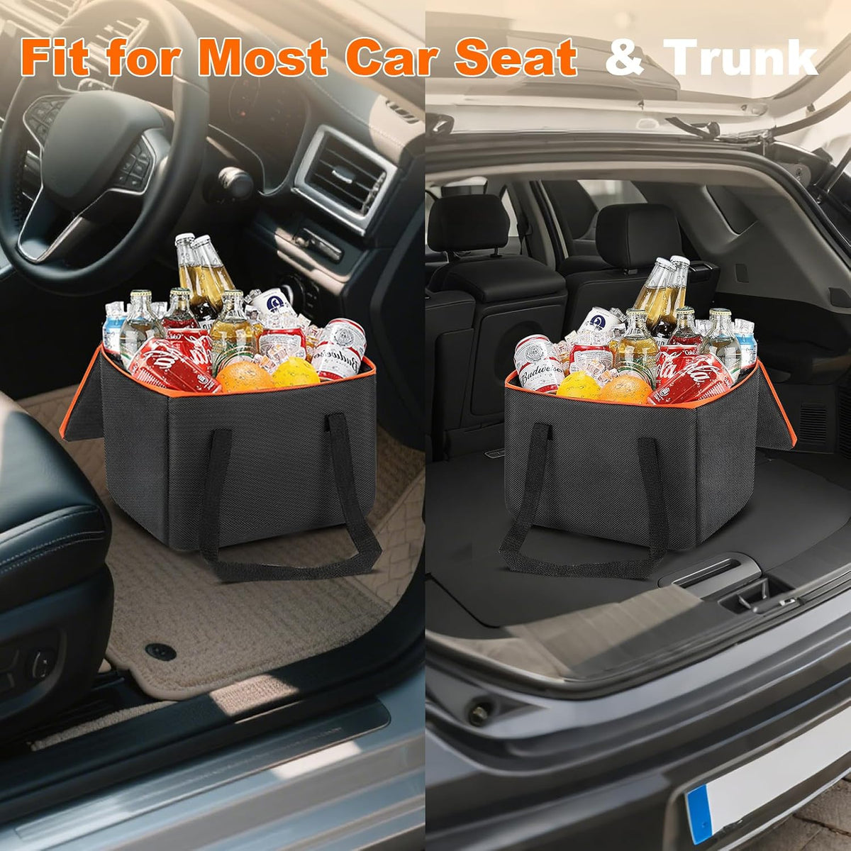 Portable Soft Cooler Bag, Collapsible Insulated Leak-Proof Car Cooler Bag, Insulated Ice Chest with Waterproof Zipper, Leak-Proof Organizer for Cars, Fits Most Vehicles, Orange