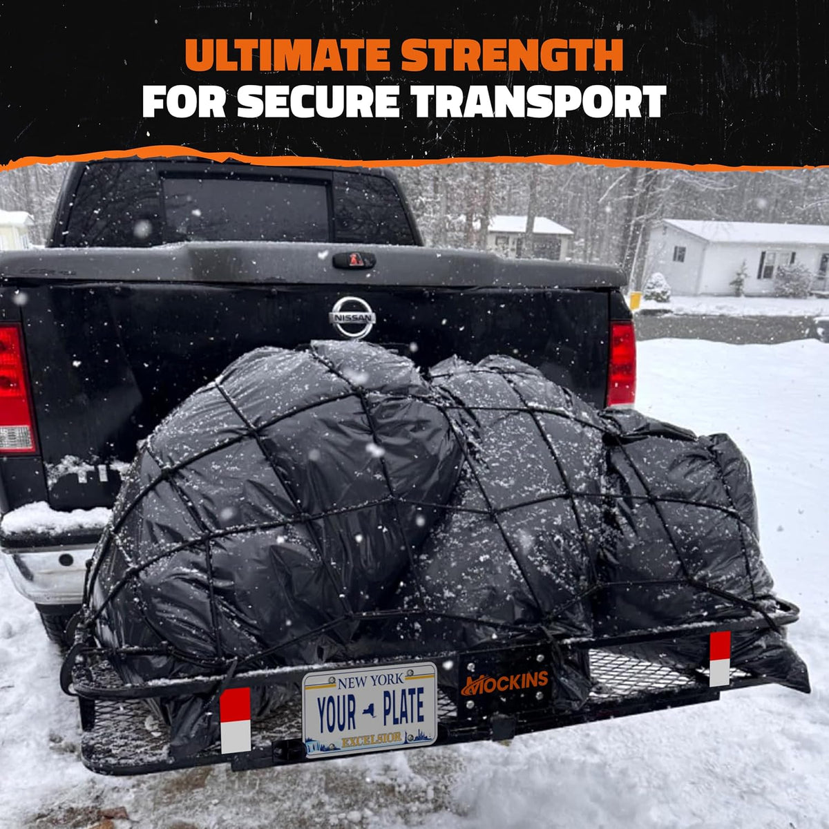 Mockins 60"x24"x6" Heavy Duty Trailer Hitch Cargo Carrier w/ 500 Lbs. Cap | with 25 CuFt Waterproof Cargo Bag for Hitch Carrier | Folding Luggage Rack for SUV Car Truck w/ Plate Bracket & Accessories