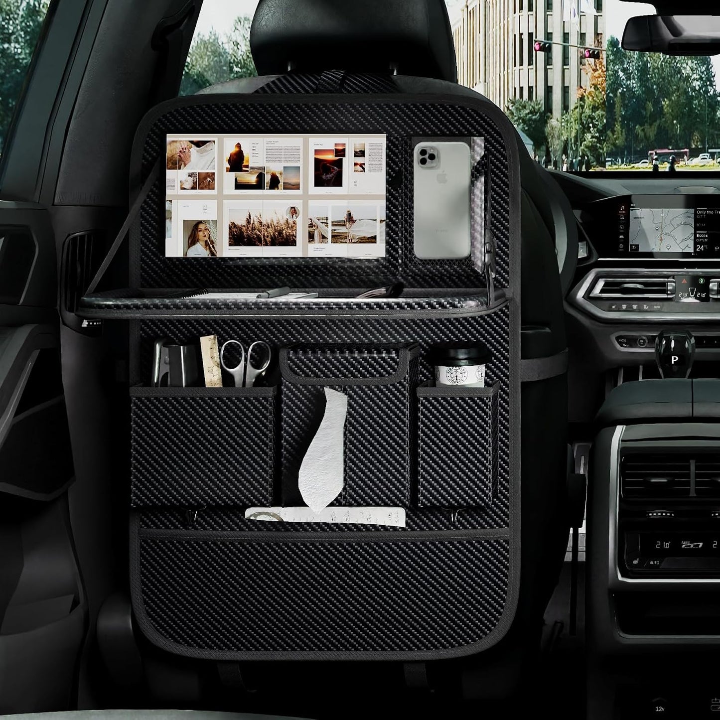 GMQ Back Seat Car Organizer 1 Pack,Backseat Organizer with Tray,Multifunctional Car Seat Back Storage Box with Foldable Tablet Holder (Carbon Black, Weave)