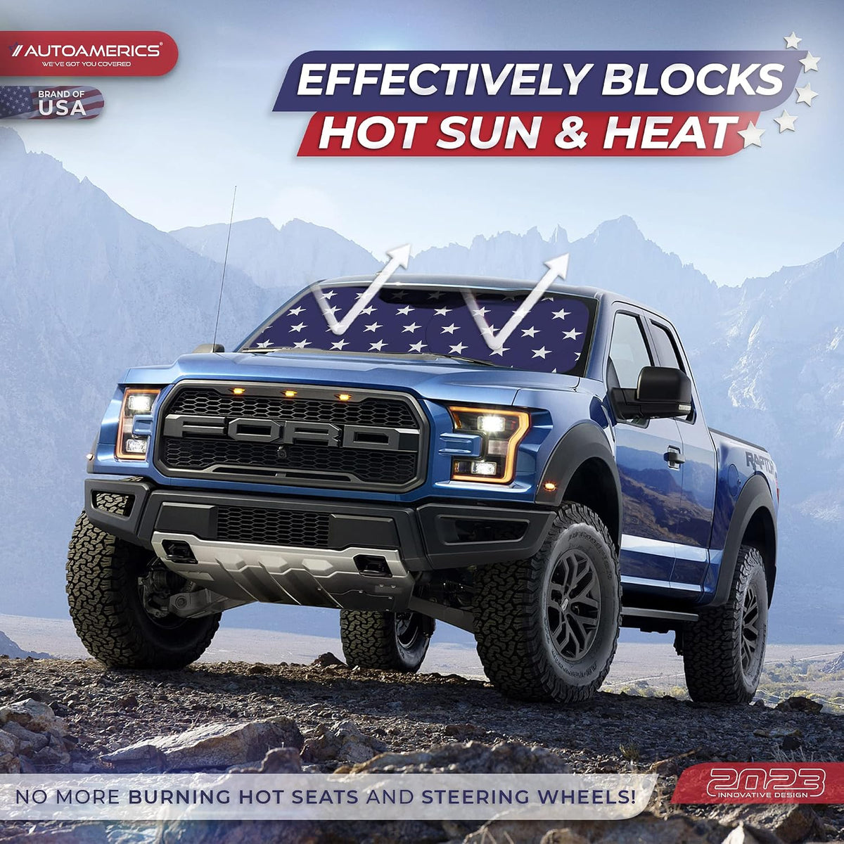 Autoamerics Truck Windshield Sun Shade with Storage Pouch & Anti-Slip Dash Pad - Foldable USA Stars Flag Design - Fits Most SUVs & Trucks - Blocks UV Rays and Keeps Car Cool | X-Large (66 x 36 inches)