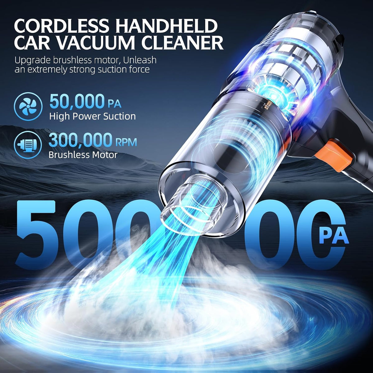 Car Vacuum Portable Cordless, 50000Pa Strong Suction Brushless Motor, Handheld Vacuum with 2 Batteries & Charger, 6-in-1 Rechargeable Vacuum Cleaners for Home, Pet Hair & Keyboard Ink Black