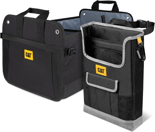 CAT® Car Trunk & Seat Organizer Bundle – Heavy Duty Collapsible Dual-Compartment Trunk Storage + Portable Seat Organizer Caddy, Adjustable Straps, Compact Travel Storage for Cars, Truck & SUV – Black