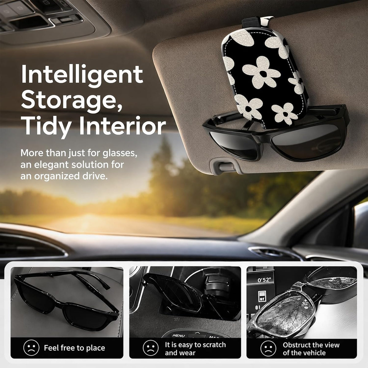 Sunglasses Holder for Car Visor, PU Leather Glasses Clip Organizer, Cute Magnetic Eyeglass Holder for Vehicle Sun Visor, Car Interior Accessory for Women & Men, Daisy Flower