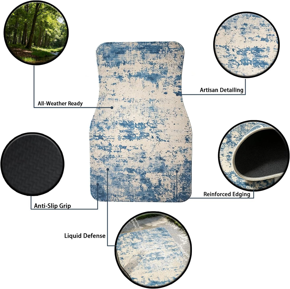 Premium Linen Modern Car Floor Mats Full Set |Mist Blue Abstract Distressed Car Decor for Women,Men | Waterproof All-Weather Universal Fit for SUV, Sedan | Luxury Car Accessories, Non-Slip