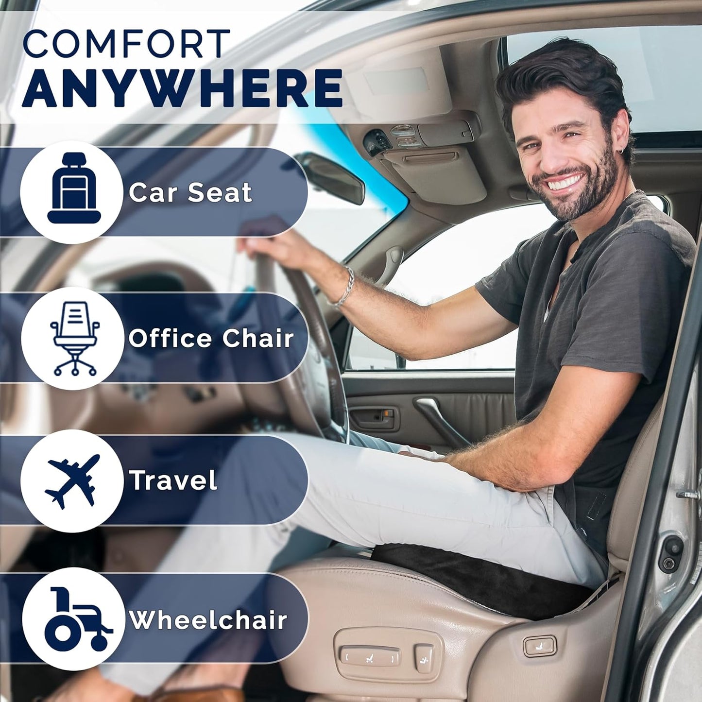 ComfiLife Car Seat Cushion – Premium Wedge Memory Foam Car Cushions for Driving – Seat Cushion for Car – Back & Sciatica Pain Relief for Long Drives – Comfort for Driver, Office, Truck Seat (Beige)