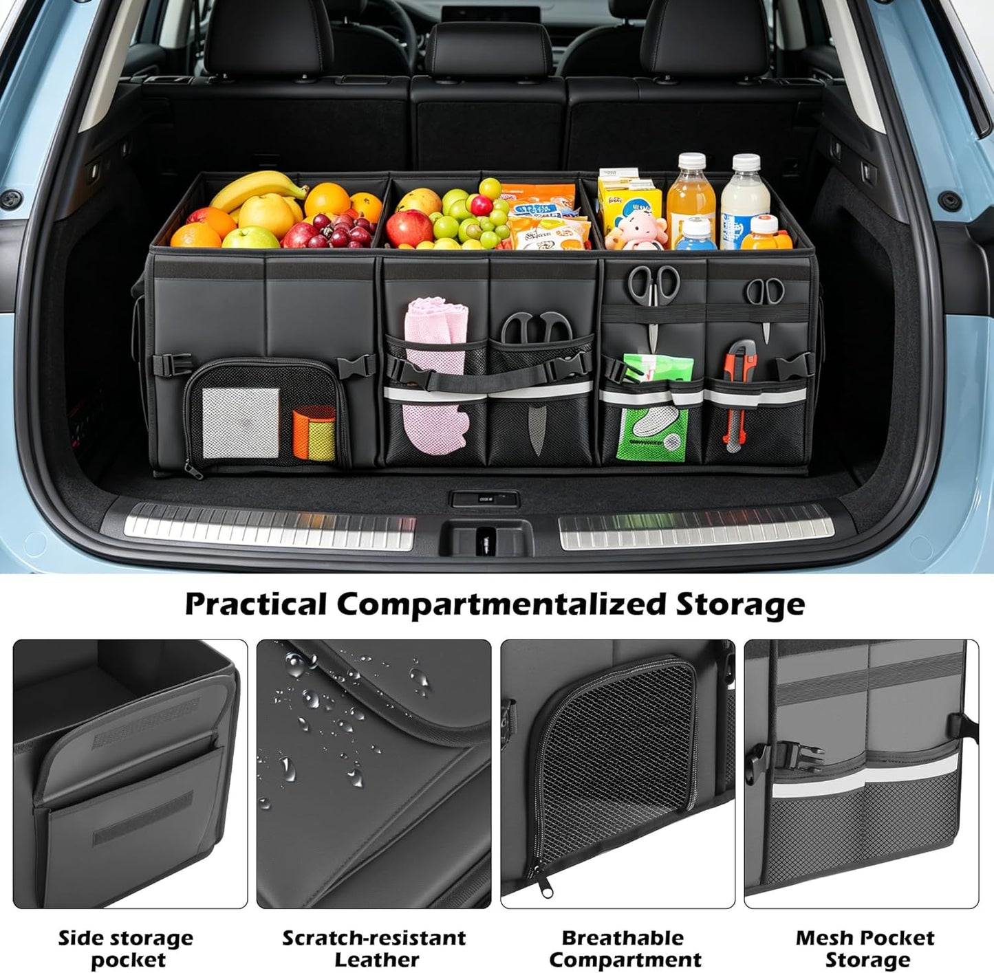 Car Trunk Organizer, 3 Compartment Collapsible Car Trunk Storage Organize with Lid, Non-Slip Bottom, Cargo Organizer for Car Accessories, Trunk Organizer for Car/SUV/Truck